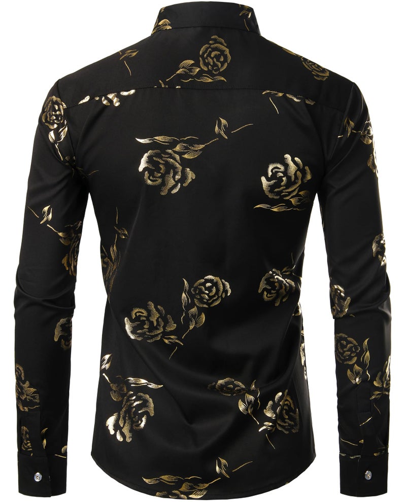 ZEROYAA Men's 3D Golden Rose Printed Slim Fit Long Sleeve Button Down Floral Dress Shirts ZZCL30 Black Gold Large - Image 2